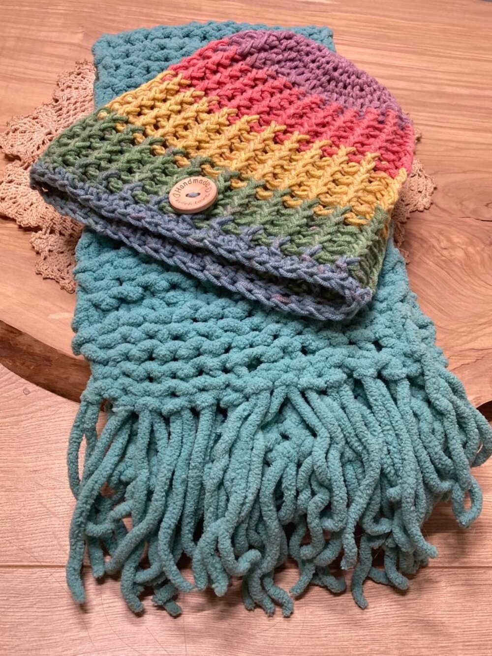 Handmade Chunky Crochet Beanie and Scarf Set Teal Rainbow Winter Knit